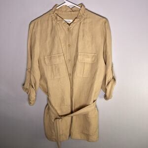 Calvin Klein Womens Linen Button Up Shirt blazer Beige Utility Military Sz L